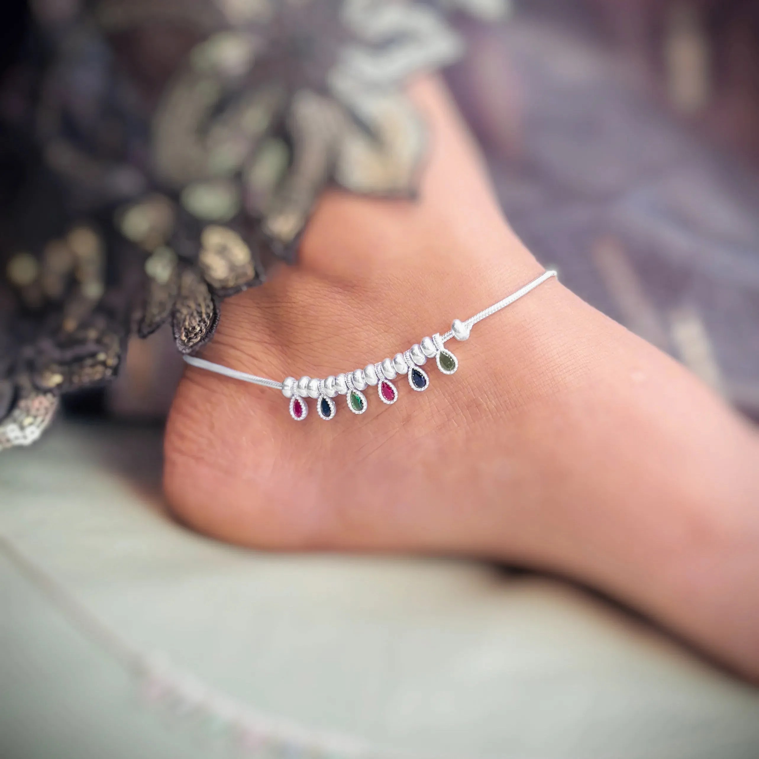 Simple Silver anklet for Girls with Multi-Color Gems and Silver Balls