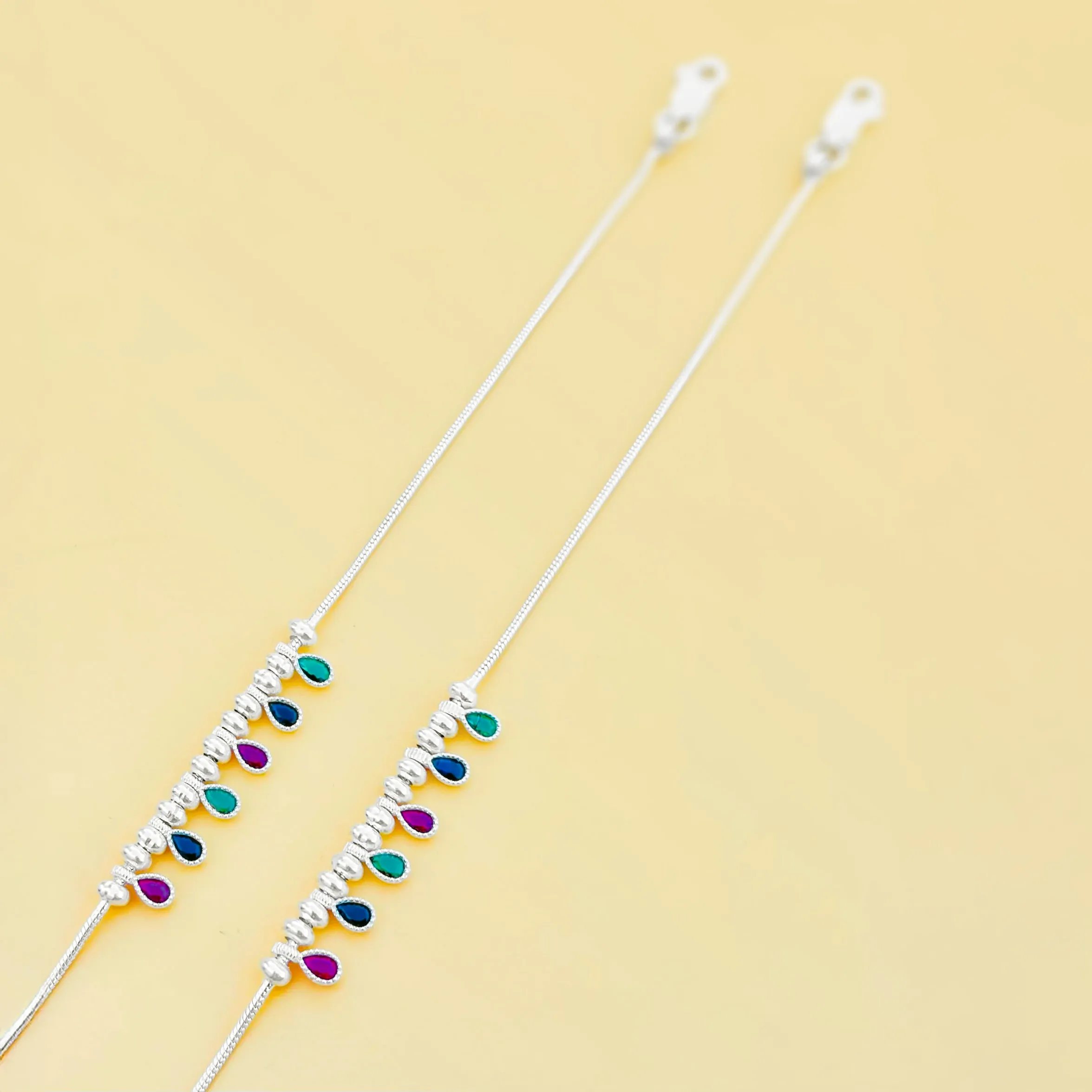 Simple Silver anklet for Girls with Multi-Color Gems and Silver Balls