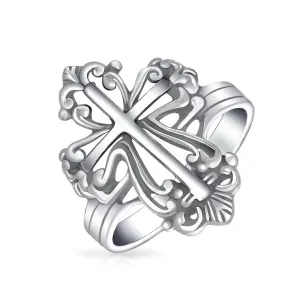 Vintage Style Fleur De Lis Cross Silver Ring for Men Oxidized Sterling