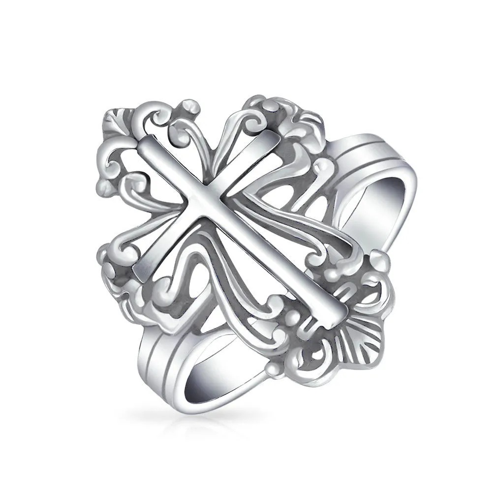 Vintage Style Fleur De Lis Cross Silver Ring for Men Oxidized Sterling