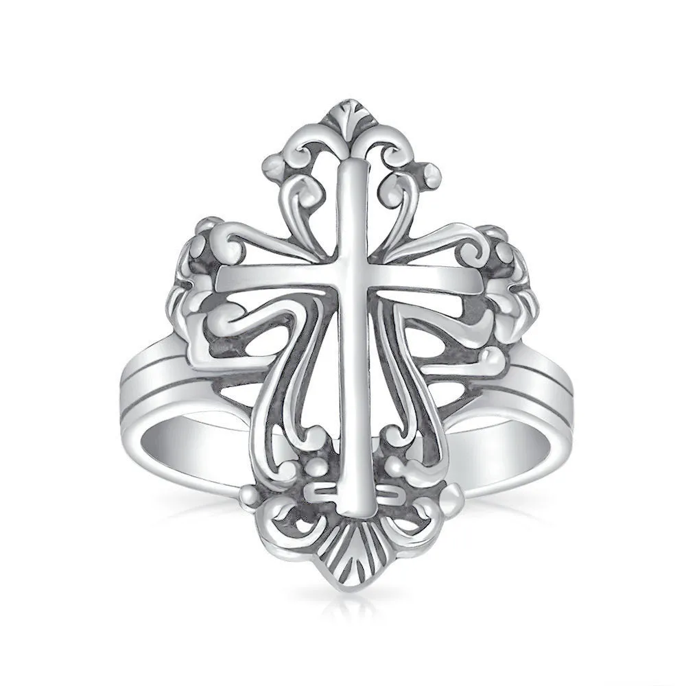 Vintage Style Fleur De Lis Cross Silver Ring for Men Oxidized Sterling