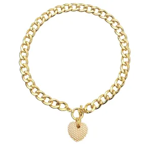 Yellow Gold Plated Link Chain Necklace Cream Faux Pearl Heart Charm